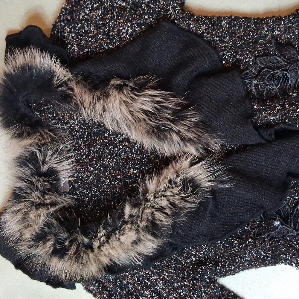 Forla Paris Cardigan Fur  Whimsical Leopard Print Seqin Floral M - Picture 12 of 14